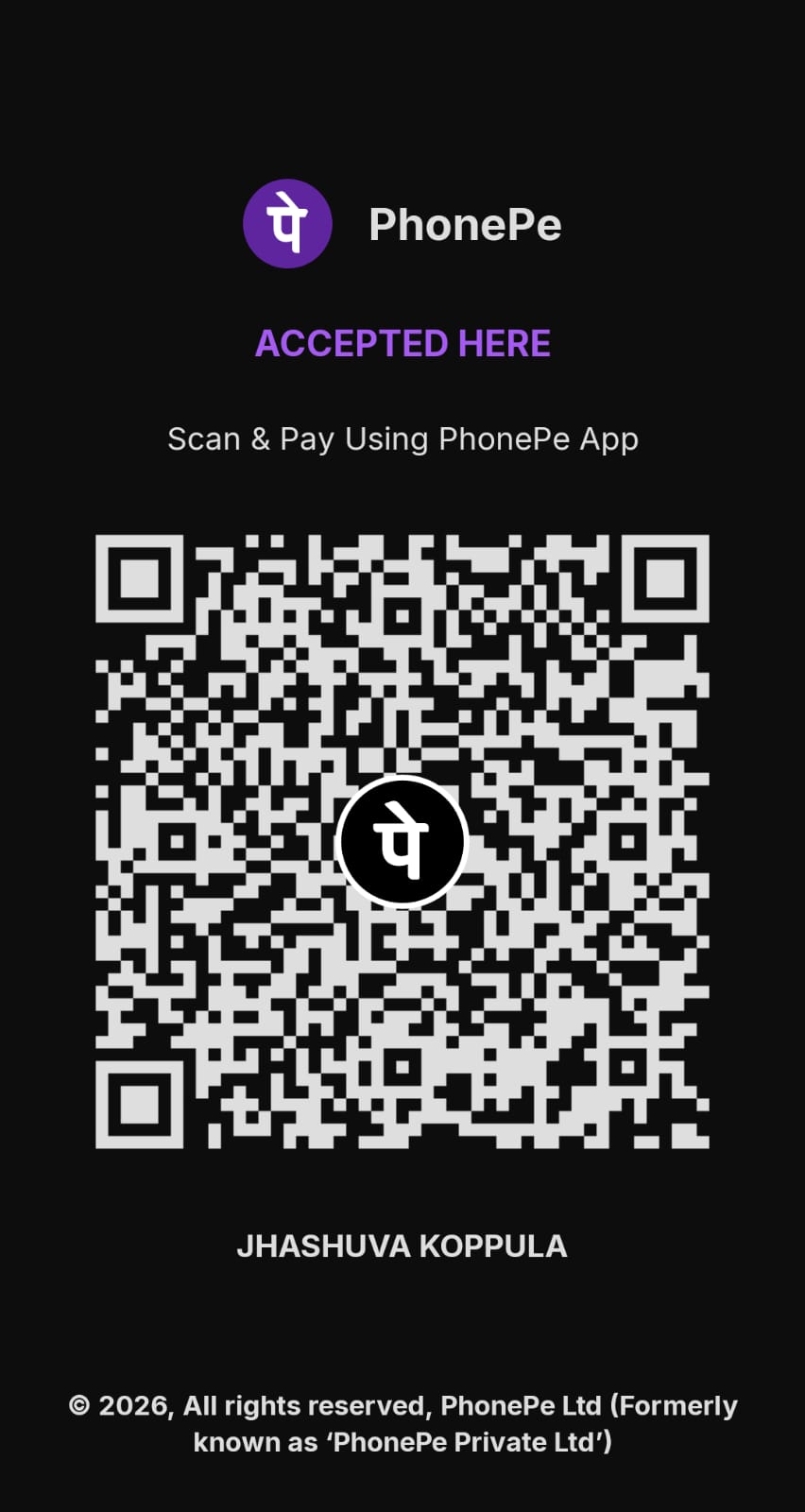 Scan to pay KJSynthora via PhonePe UPI — support page